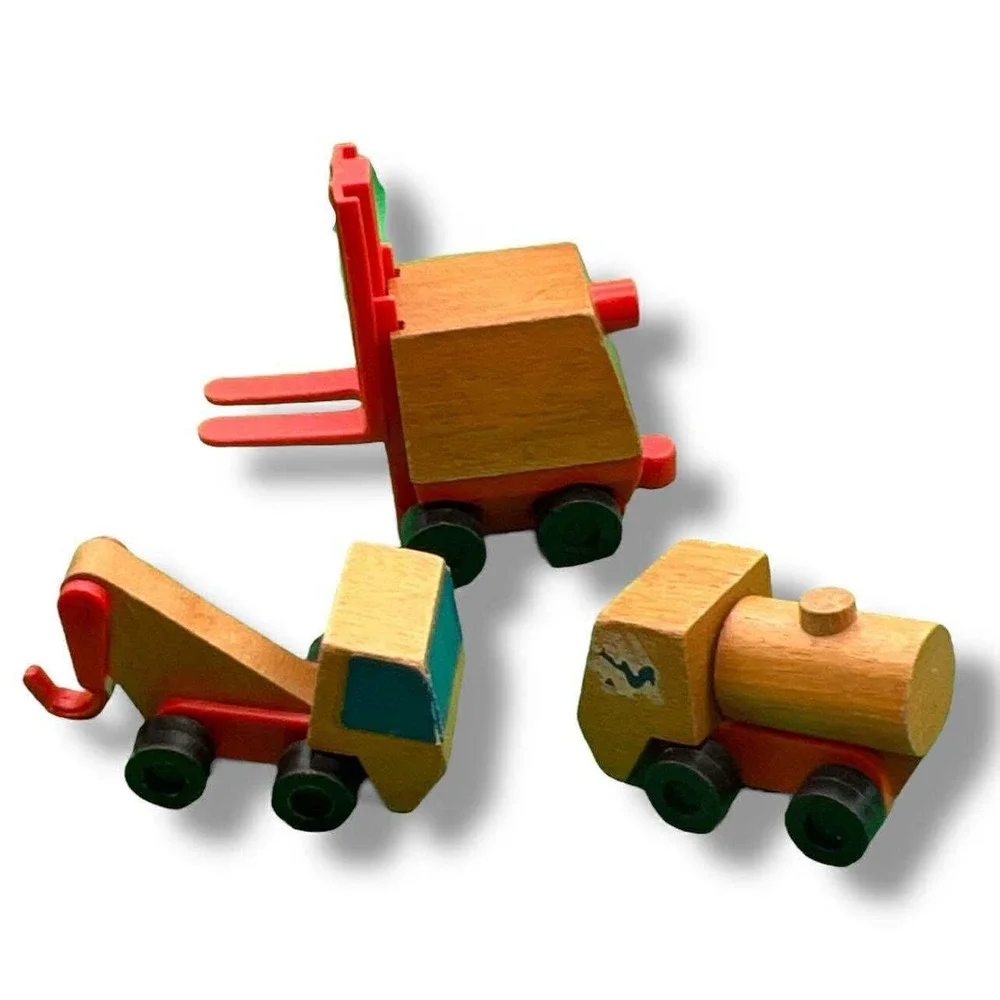 Vintage Wooden Toy‎ Construction Vehicle Set Forklift Tow Truck Tanker 3pc Lot